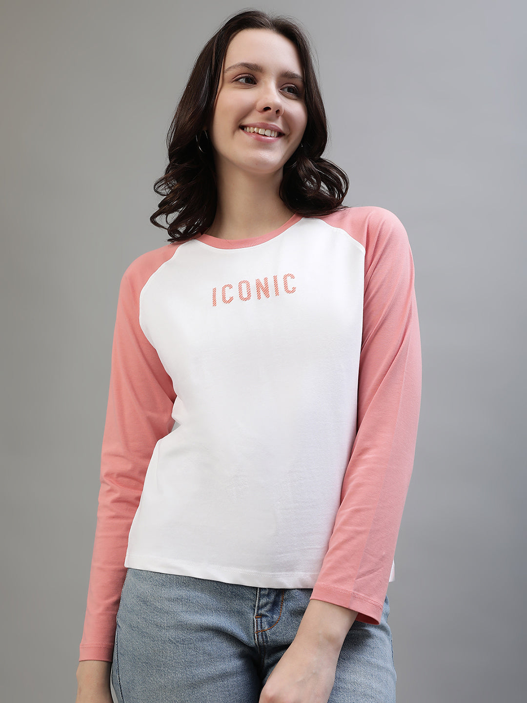 Iconic Women White Colorblocked Round Neck Full Sleeves Tshirt