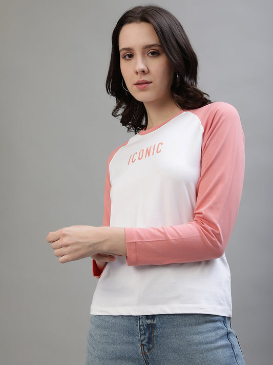 Iconic Women White Colorblocked Round Neck Full Sleeves Tshirt
