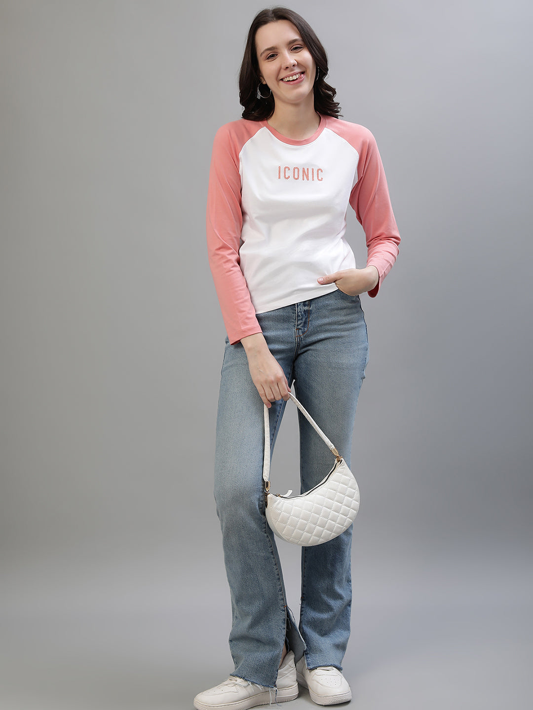 Iconic Women White Colorblocked Round Neck Full Sleeves Tshirt