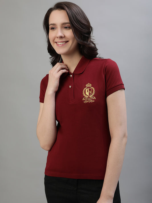 Iconic Women Maroon Solid Polo Collar Short Sleeves Tshirt