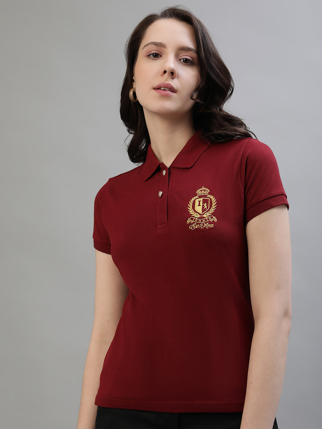 Iconic Women Maroon Solid Polo Collar Short Sleeves Tshirt