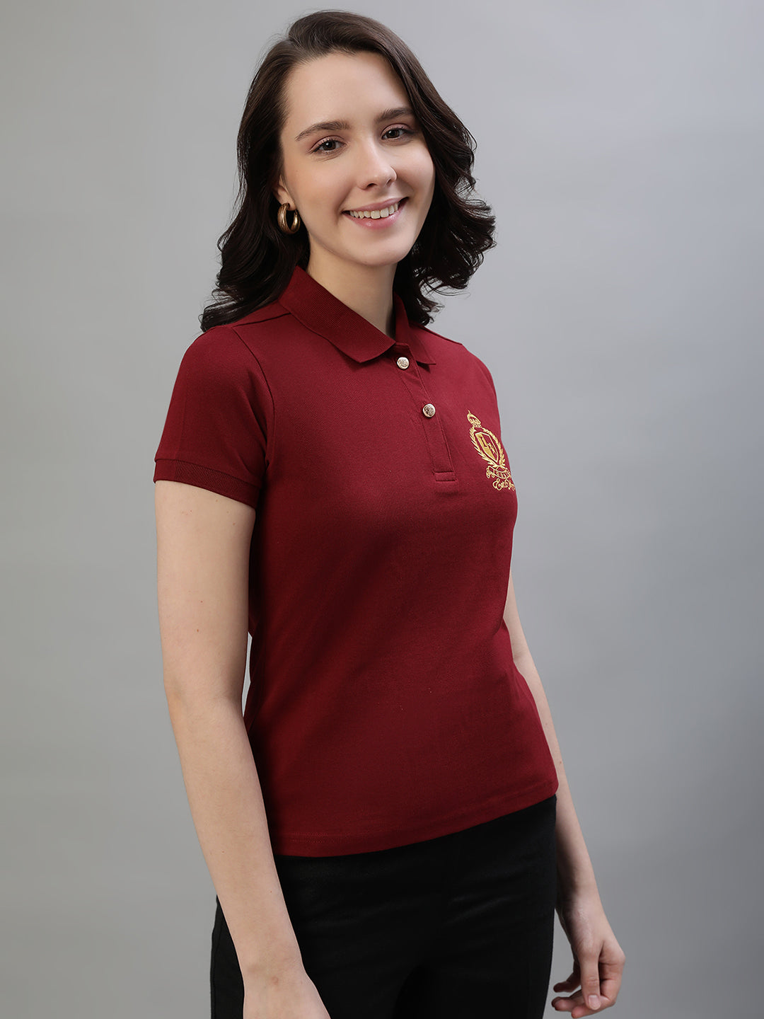 Iconic Women Maroon Solid Polo Collar Short Sleeves Tshirt