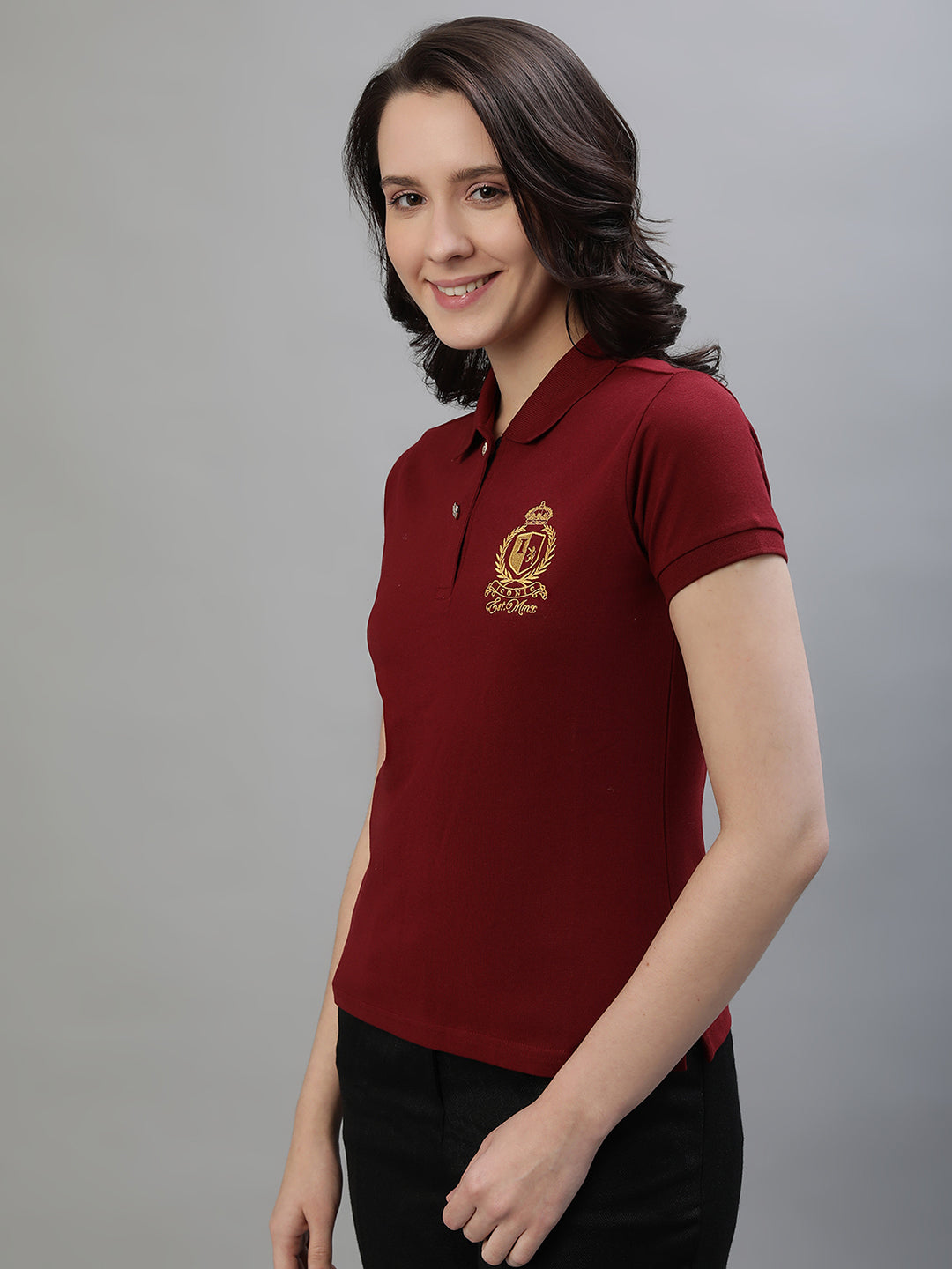Iconic Women Maroon Solid Polo Collar Short Sleeves Tshirt