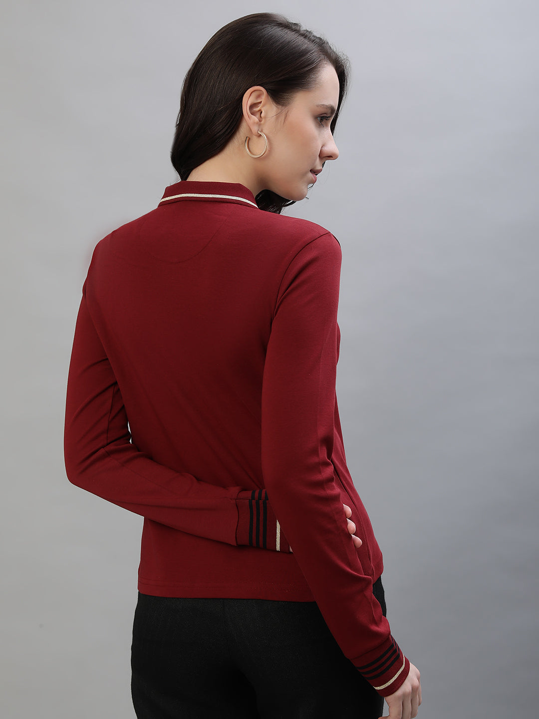 Iconic Women Maroon Solid Polo Collar Short Sleeves Tshirt