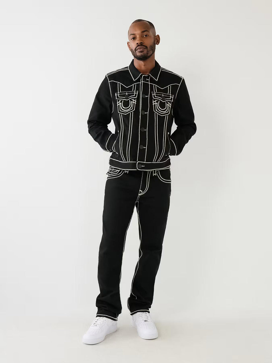 Shop True Religion Rope Stitch Ricky Straight Fit Black Mid-Rise