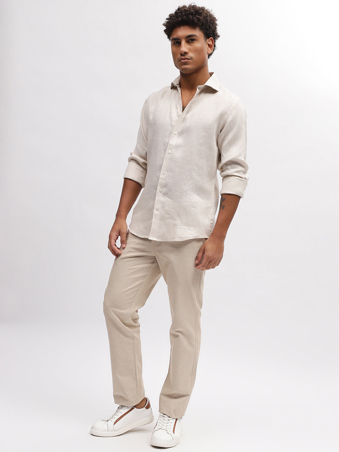 Bruun & Stengade Men Beige Solid Cutaway Collar Full Sleeves Shirt