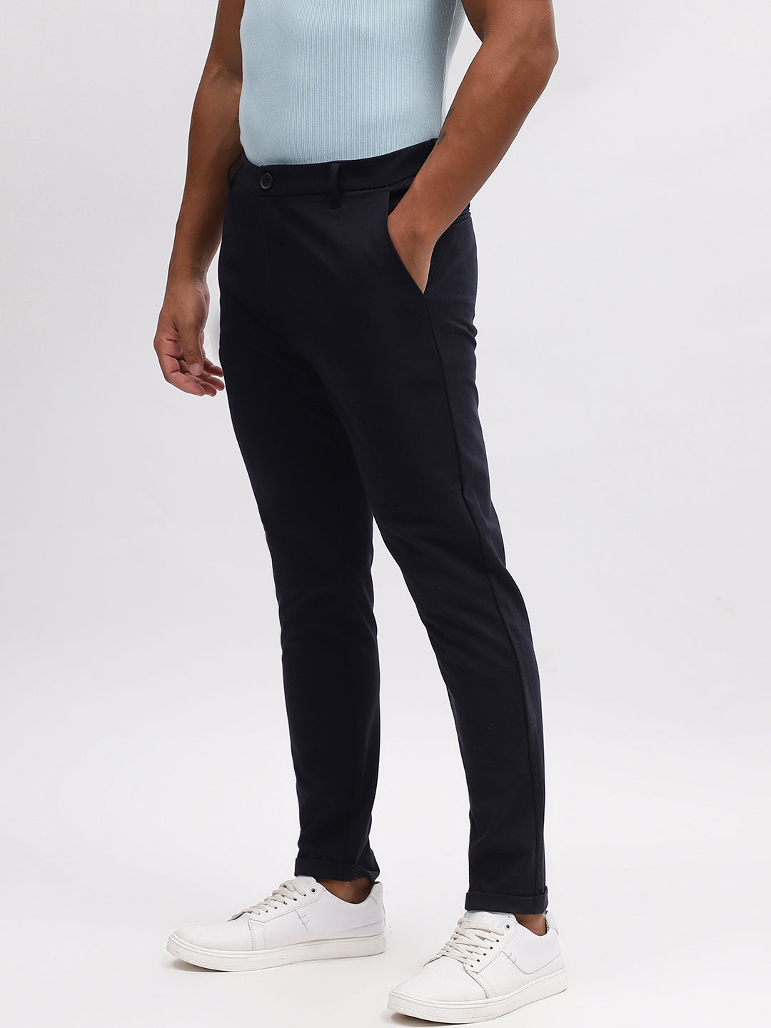 Lindbergh Men Navy Blue Solid Slim Fit Trouser