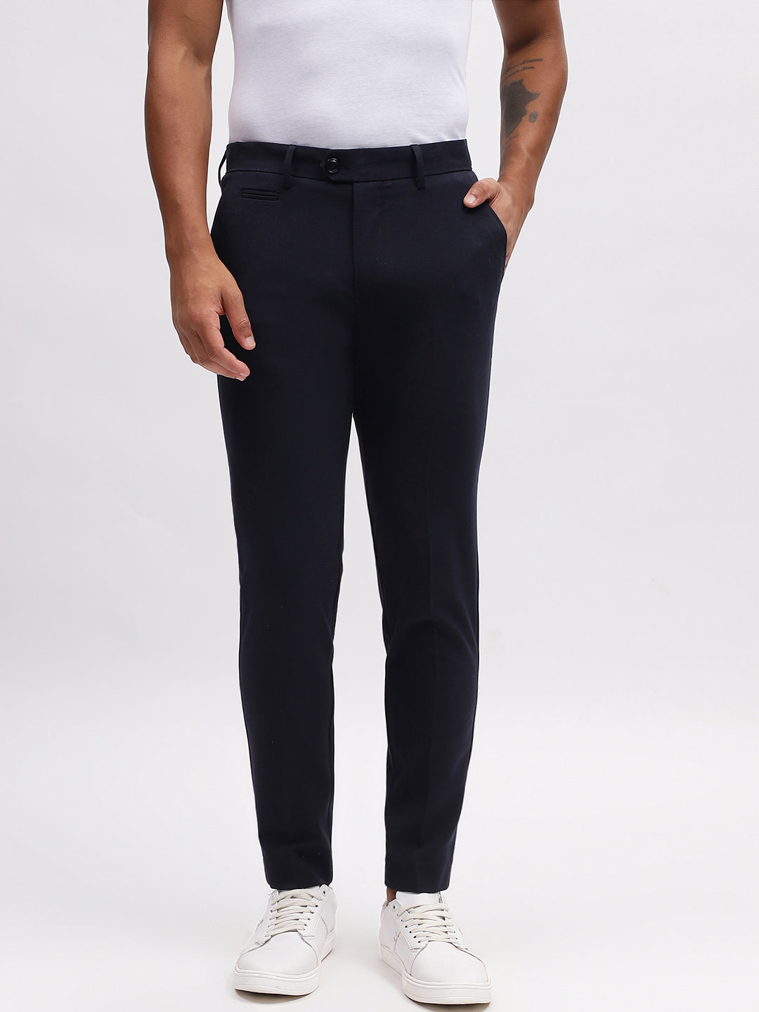 Lindbergh Men Navy Blue Solid Slim Fit Trouser