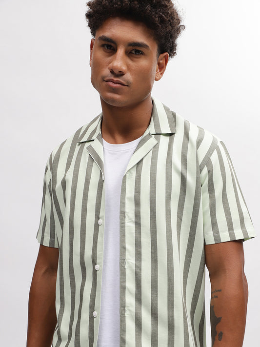 Lindbergh Men Green Striped Resort Collar Short Sleeves Shirt