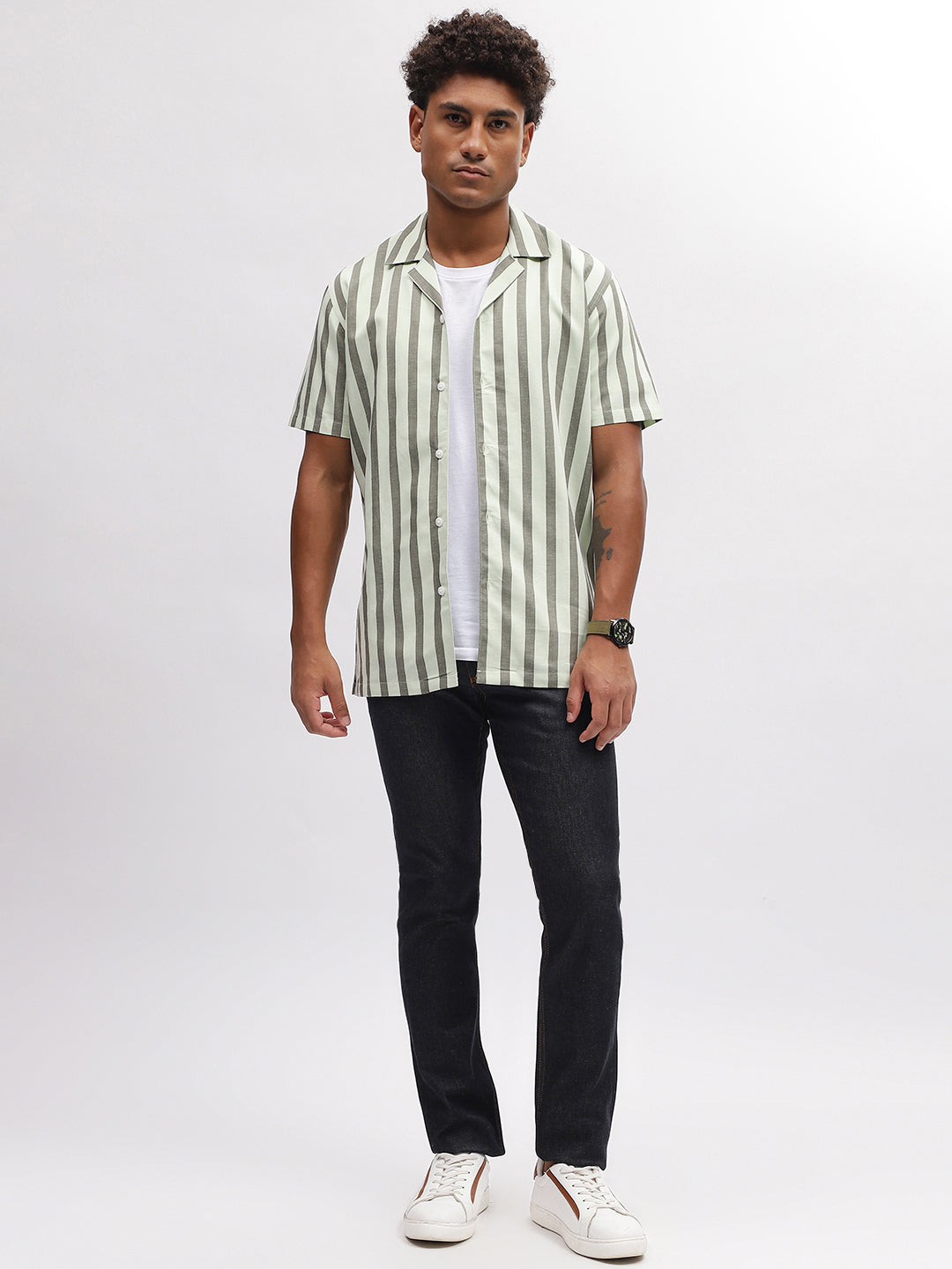 Lindbergh Men Green Striped Resort Collar Short Sleeves Shirt