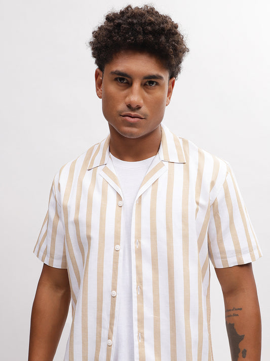 Lindbergh Men Brown Striped Resort Collar Short Sleeves Shirt
