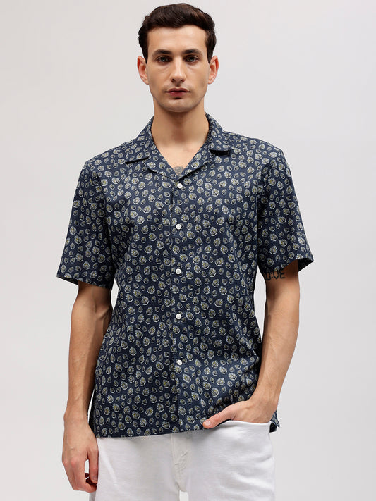 Lindbergh Men Blue Printed Resort Collar Short Sleeves Shirt