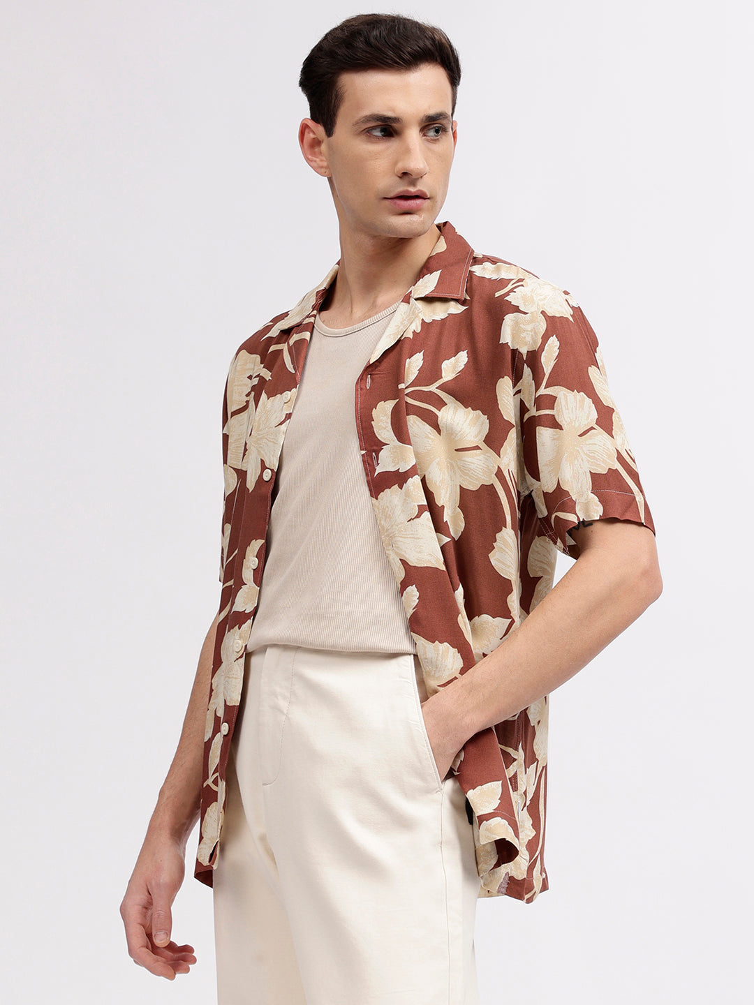 Lindbergh Men Red Floral Print Resort Collar Short Sleeves Shirt