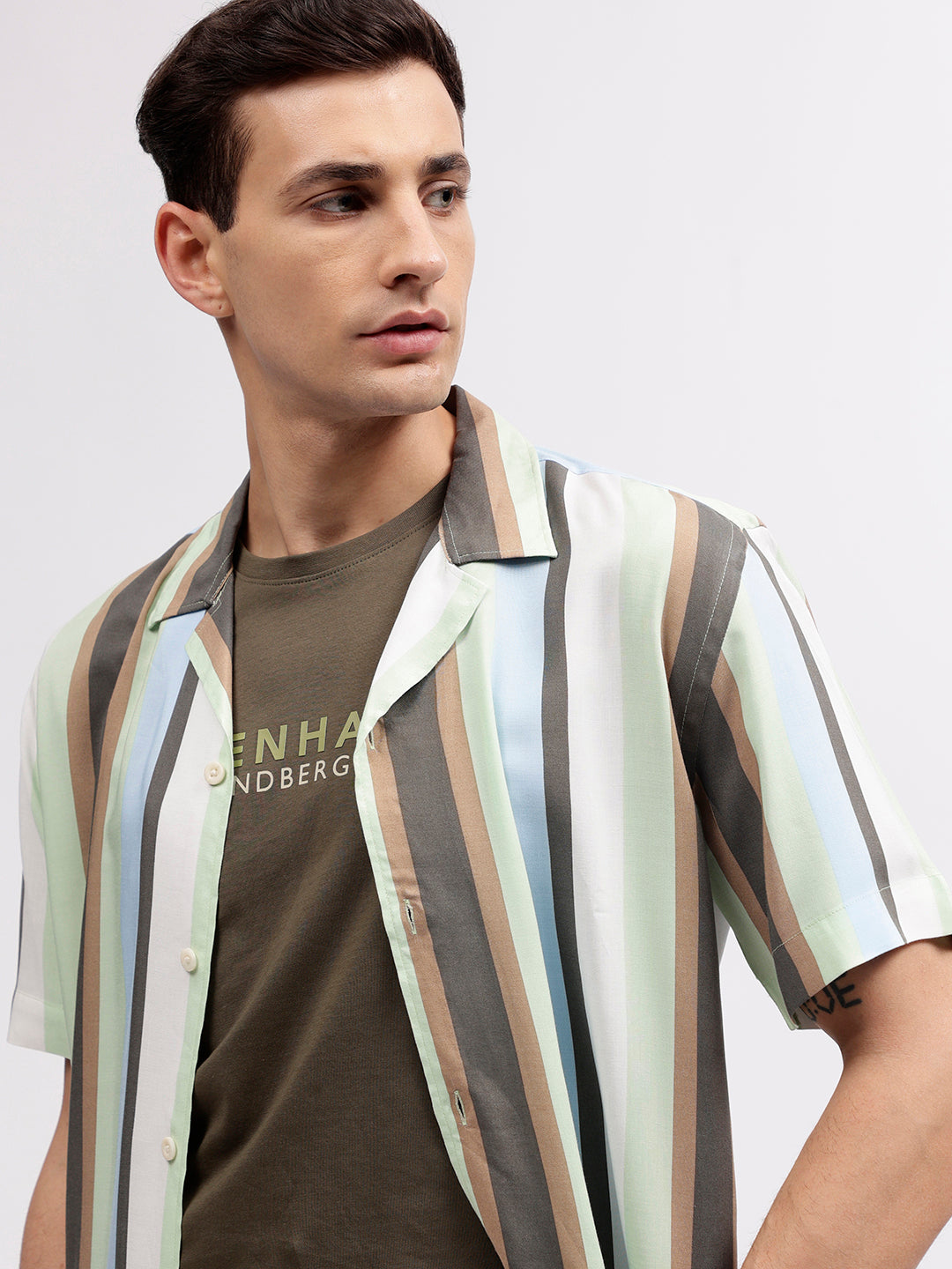 Lindbergh Men Multicolour Striped Resort Collar Short Sleeves Shirt