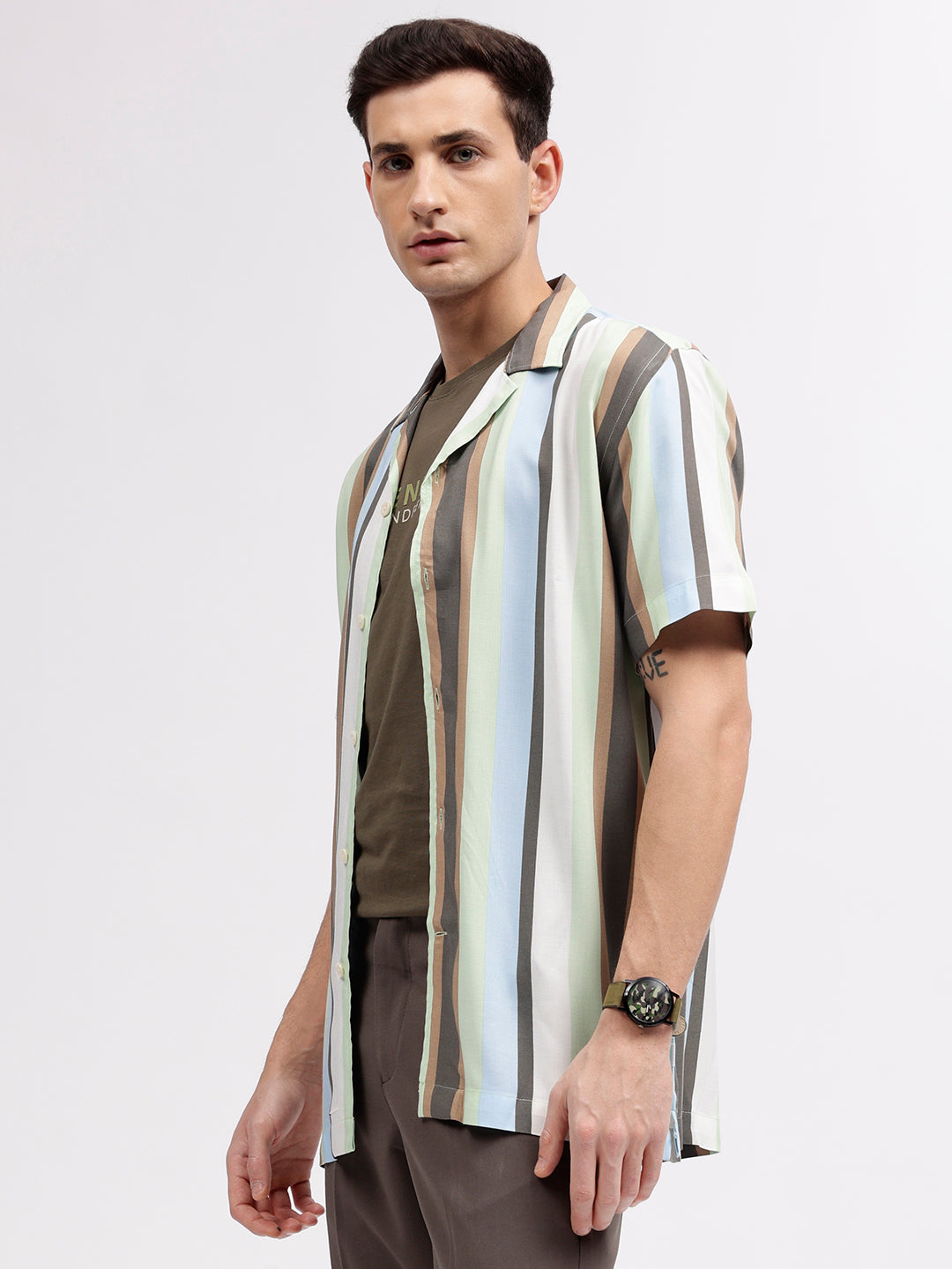 Lindbergh Men Multicolour Striped Resort Collar Short Sleeves Shirt
