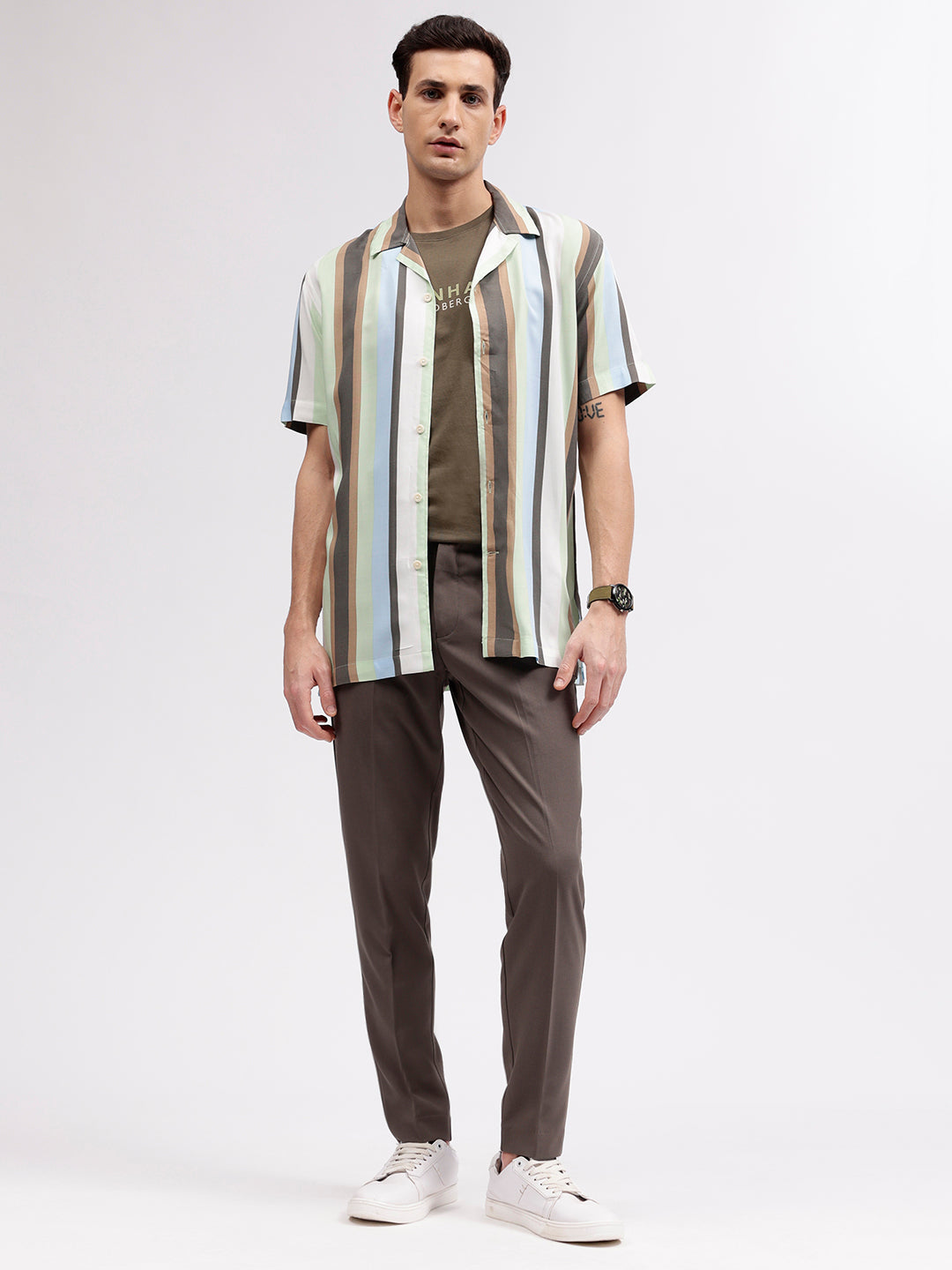 Lindbergh Men Multicolour Striped Resort Collar Short Sleeves Shirt