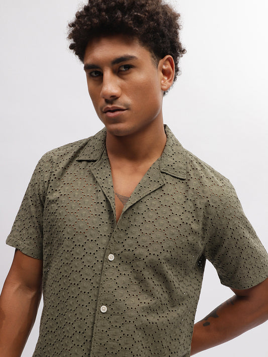 Lindbergh Men Green Embroidered Resort Collar Short Sleeves Shirt
