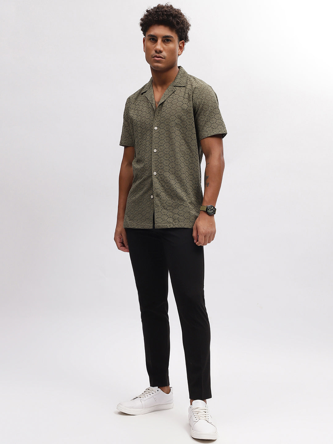 Lindbergh Men Green Embroidered Resort Collar Short Sleeves Shirt