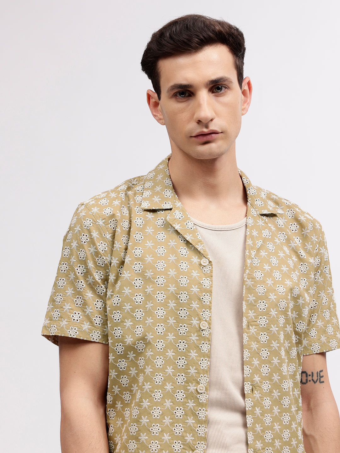 Lindbergh Men Beige Embroidered Resort Collar Short Sleeves Shirt