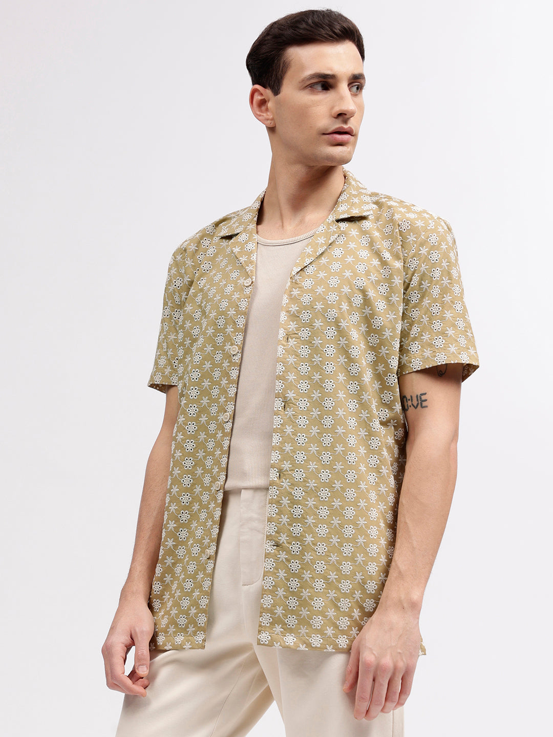 Lindbergh Men Beige Embroidered Resort Collar Short Sleeves Shirt