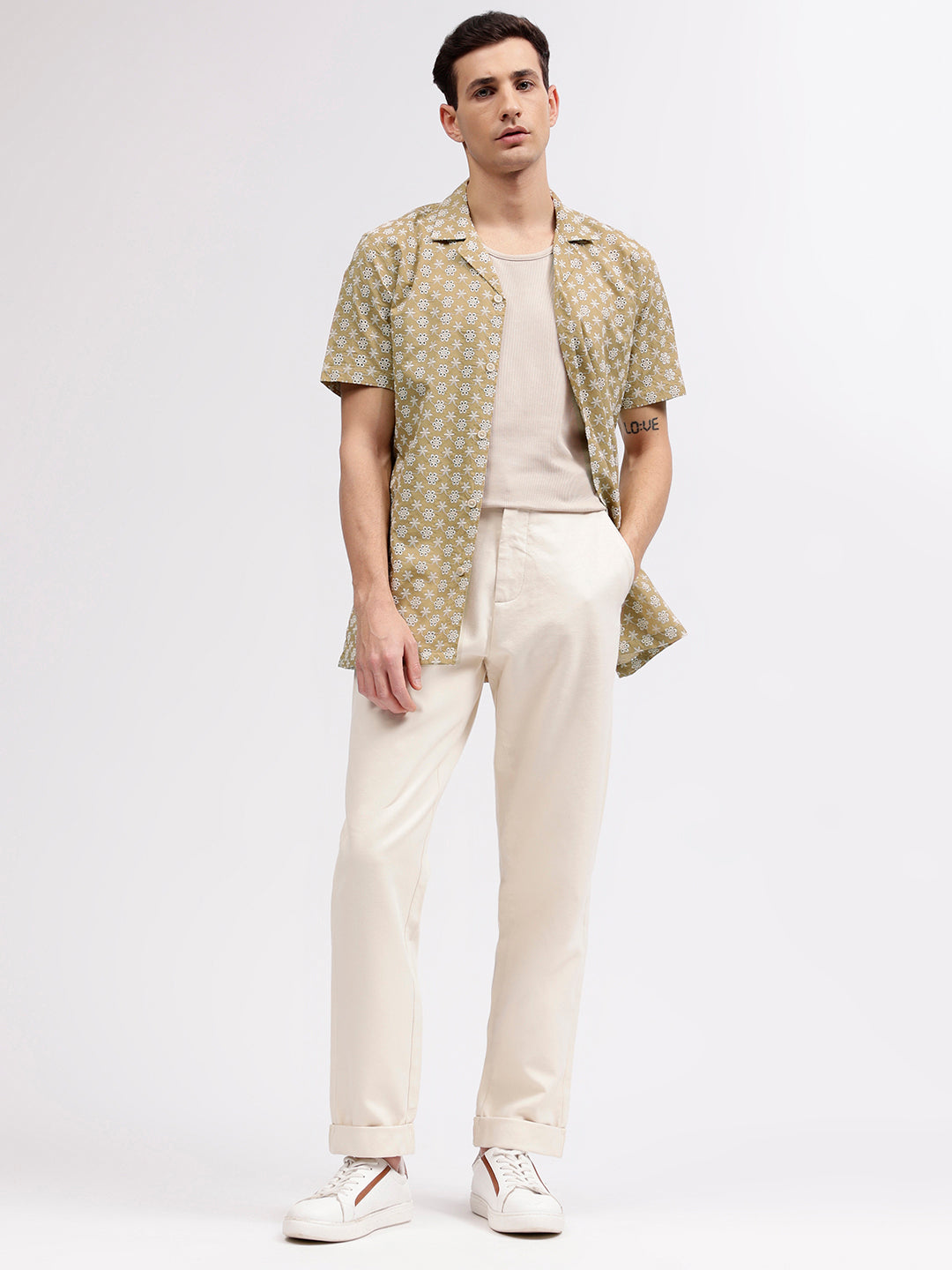 Lindbergh Men Beige Embroidered Resort Collar Short Sleeves Shirt