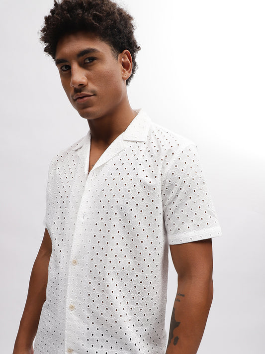 Lindbergh Men White Embroidered Resort Collar Short Sleeves Shirt