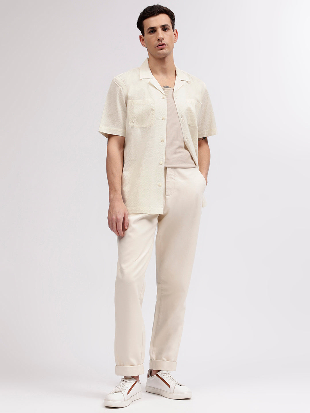 Lindbergh Men Cream Solid Resort Collar Short Sleeves Shirt