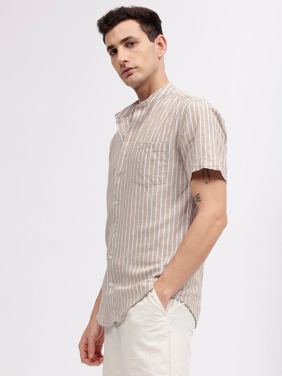 Lindbergh Men Beige Striped Band Collar Short Sleeves Shirt