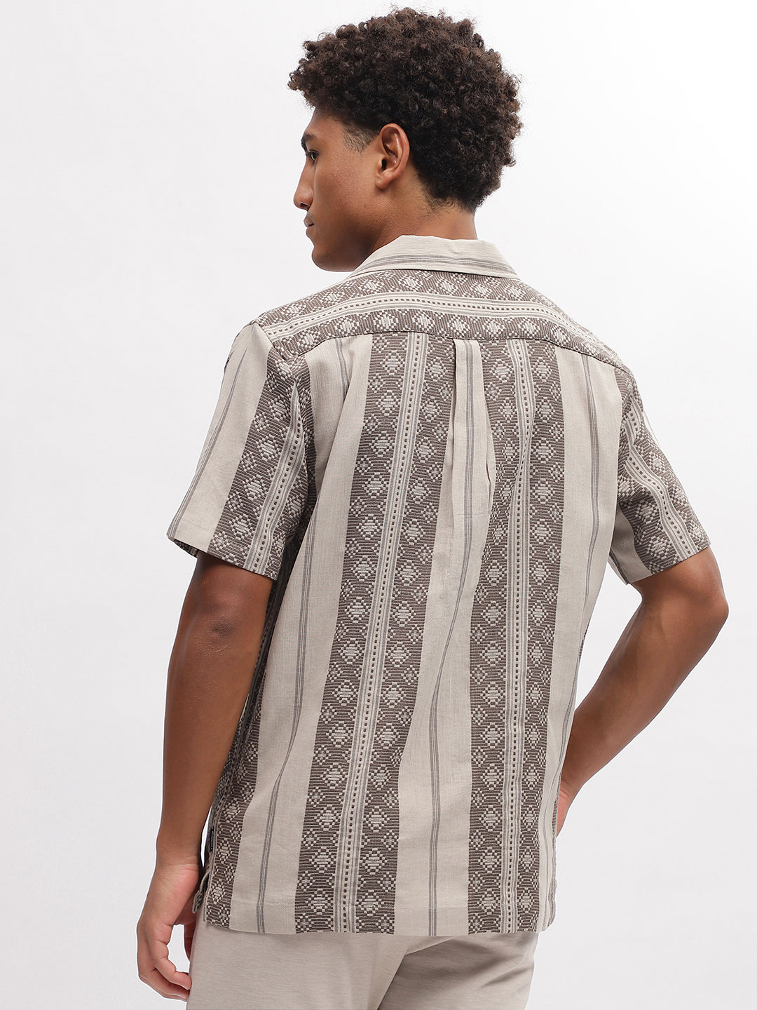 Lindbergh Men Brown Striped Resort Collar Short Sleeves Shirt