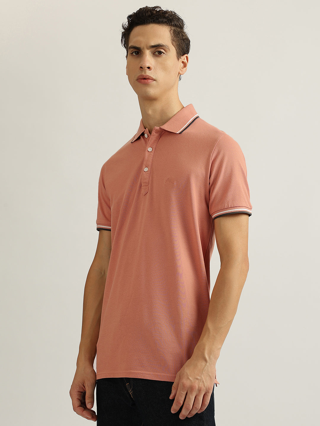 Lindbergh Men Peach Solid Collared Short Sleeves Polo Tshirt
