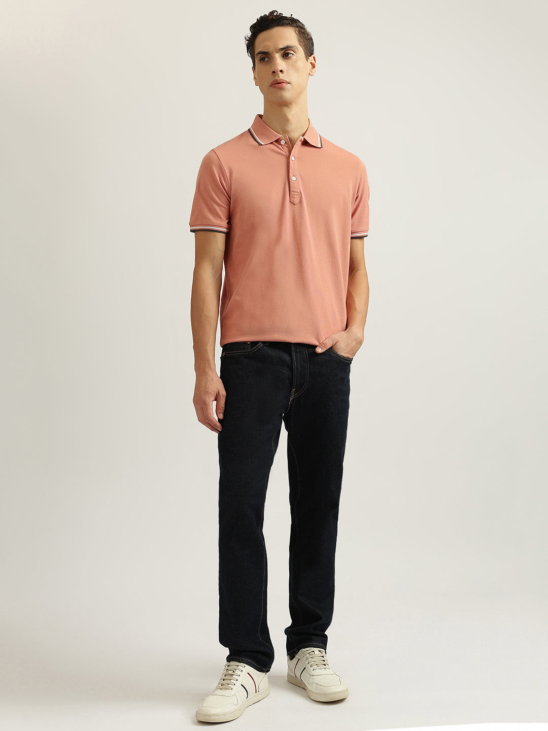 Lindbergh Men Peach Solid Collared Short Sleeves Polo Tshirt