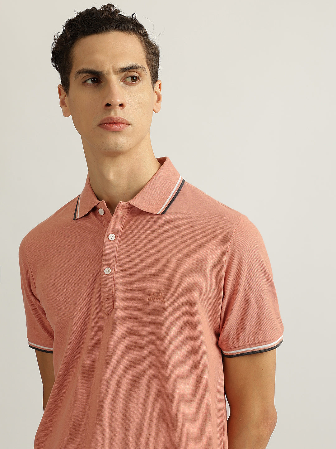 Lindbergh Men Peach Solid Collared Short Sleeves Polo Tshirt