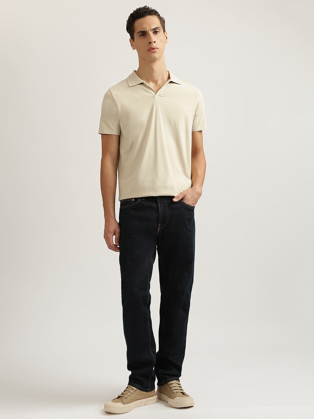 Lindbergh Men Beige Solid Collared Short Sleeves Polo Tshirt