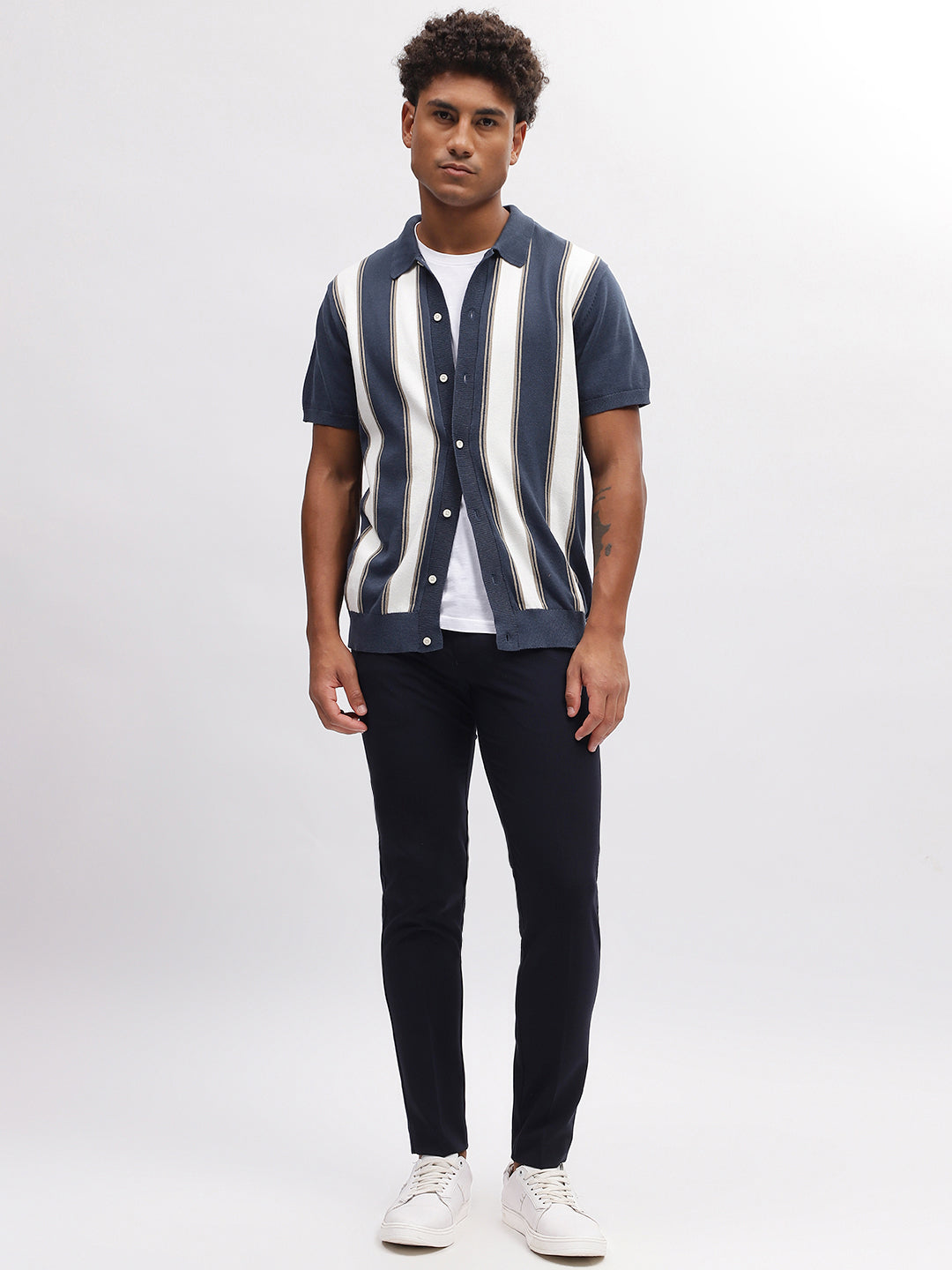 Lindbergh Men Blue Striped Spread Collar Short Sleeves Shirt