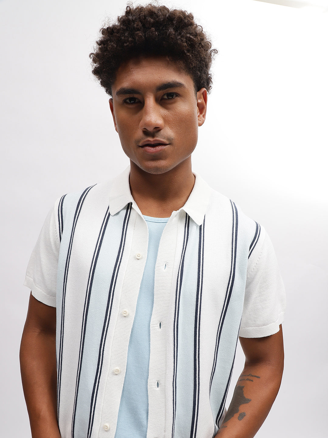 Lindbergh Men White Striped Spread Collar Short Sleeves Shirt