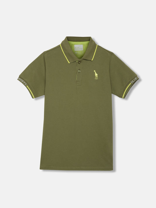 Blue Giraffe Boys Olive Solid Polo Collar Short Sleeves T-shirt