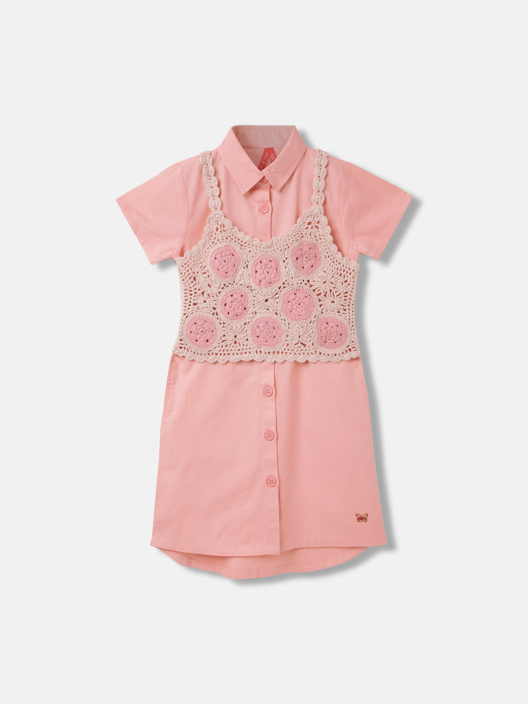 Blue Giraffe Girls Pink Solid Shirt Collar Short Sleeves Dress Set