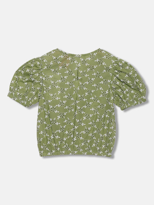 Blue Giraffe Girls Olive Printed Round Neck Short Sleeves Top