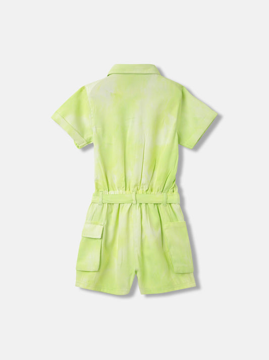 Blue Giraffe Girls Green Printed Shirt Collar Short Sleeves Playsuit