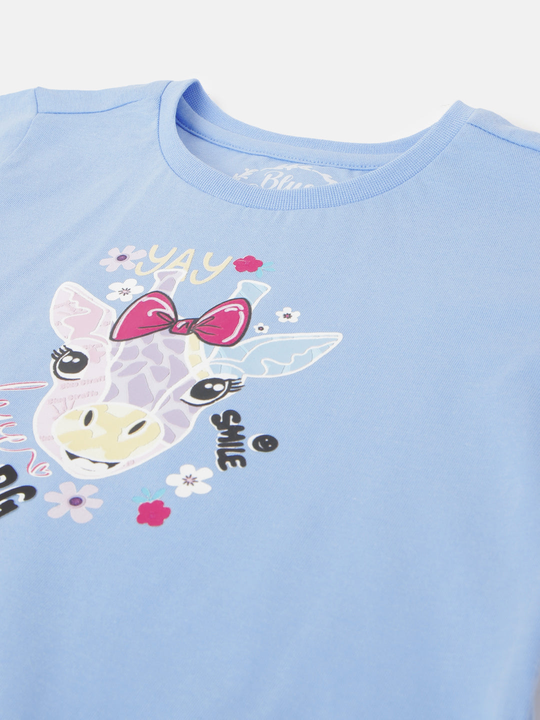 Blue Giraffe Girls Blue Solid Round Neck Short Sleeves T-Shirt