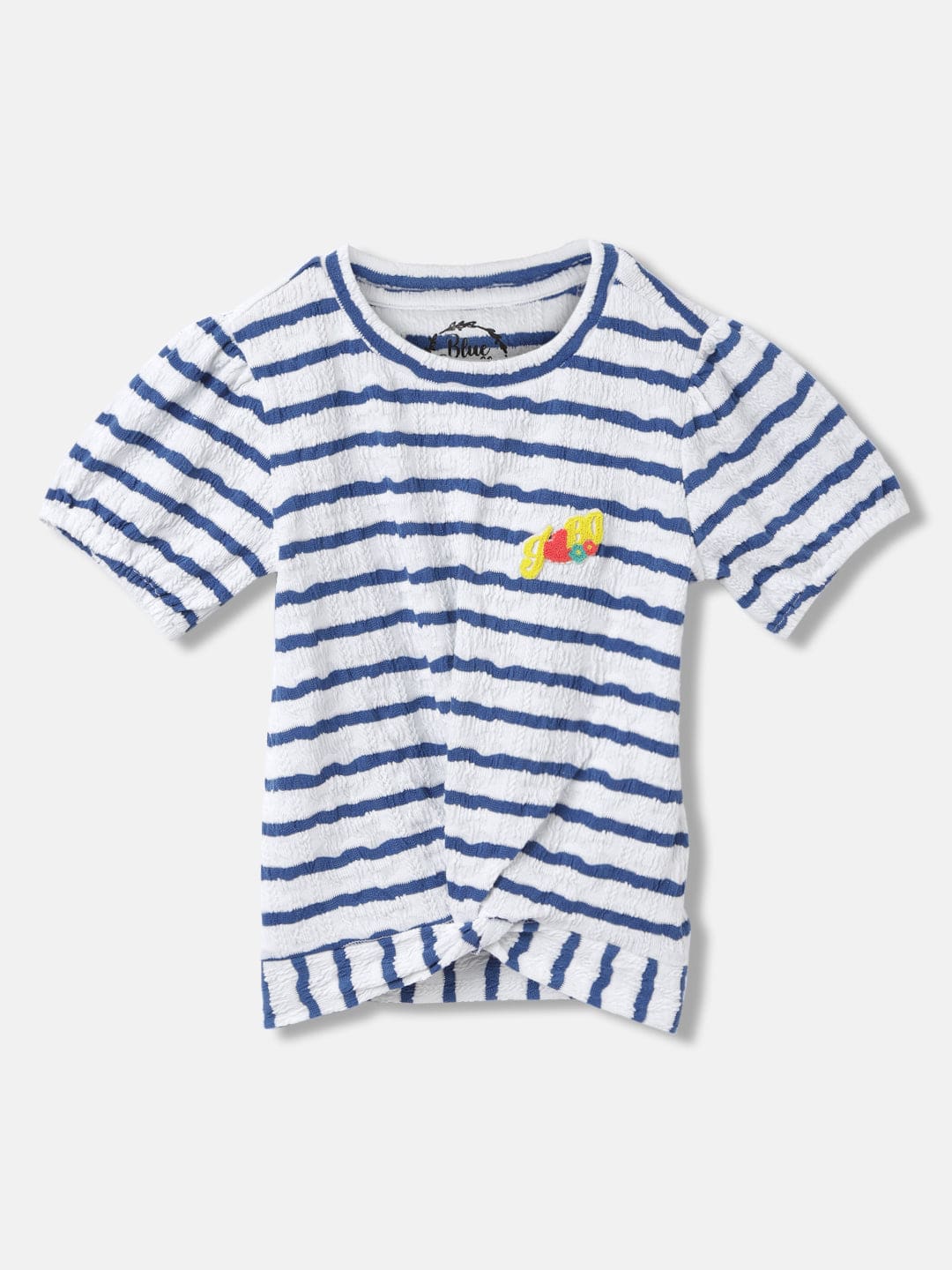 Blue Giraffe Girls White Striped Round Neck Short Sleeves T-Shirt