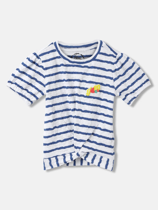 Blue Giraffe Girls White Striped Round Neck Short Sleeves T-Shirt