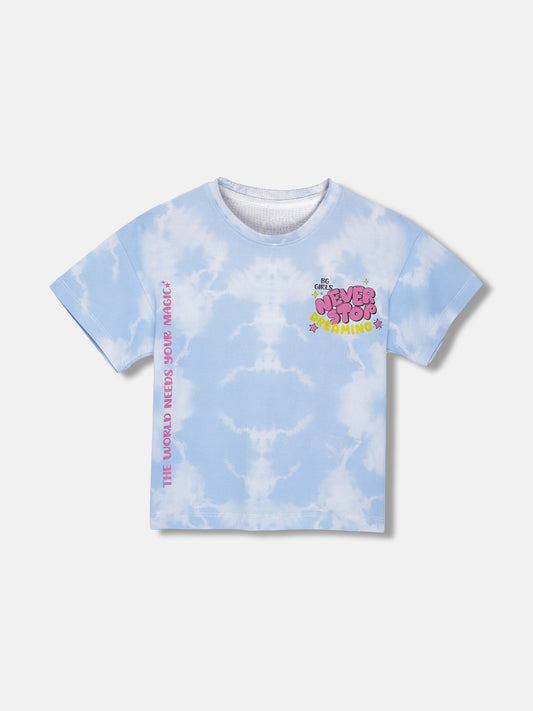 Blue Giraffe Girls Blue Printed Round Neck Short Sleeves T-shirt