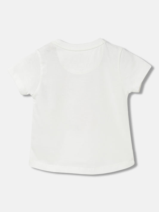 Blue Giraffe Girls White Printed Round Neck Short Sleeves T-shirt