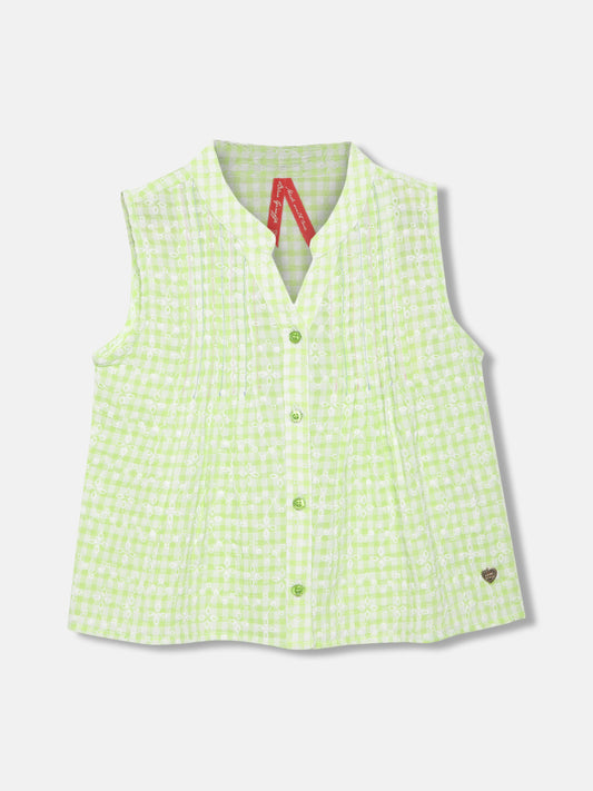 Blue Giraffe Girls Green Checked Mandarin Collar Sleeveless Top