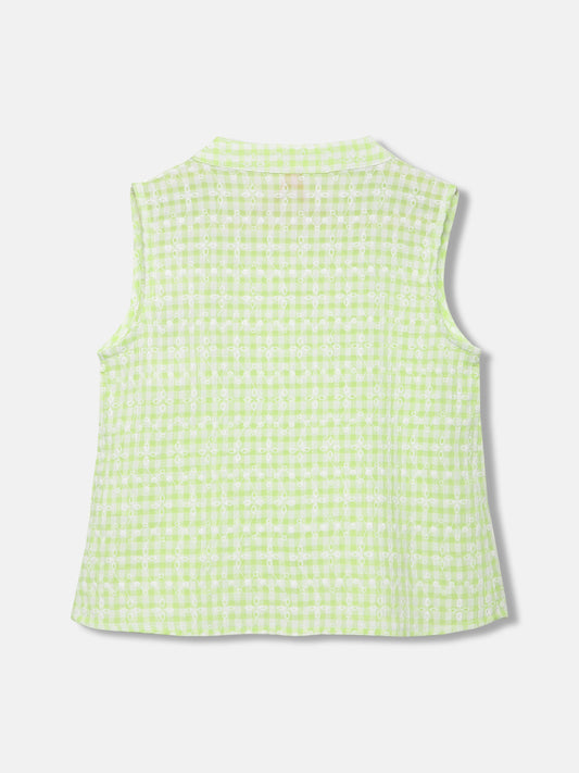 Blue Giraffe Girls Green Checked Mandarin Collar Sleeveless Top