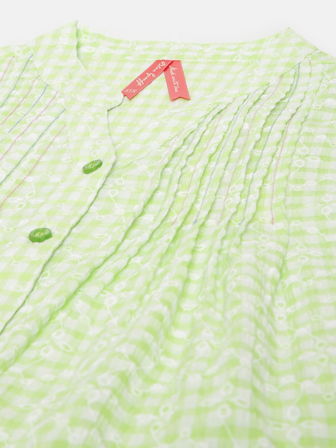 Blue Giraffe Girls Green Checked Mandarin Collar Sleeveless Top