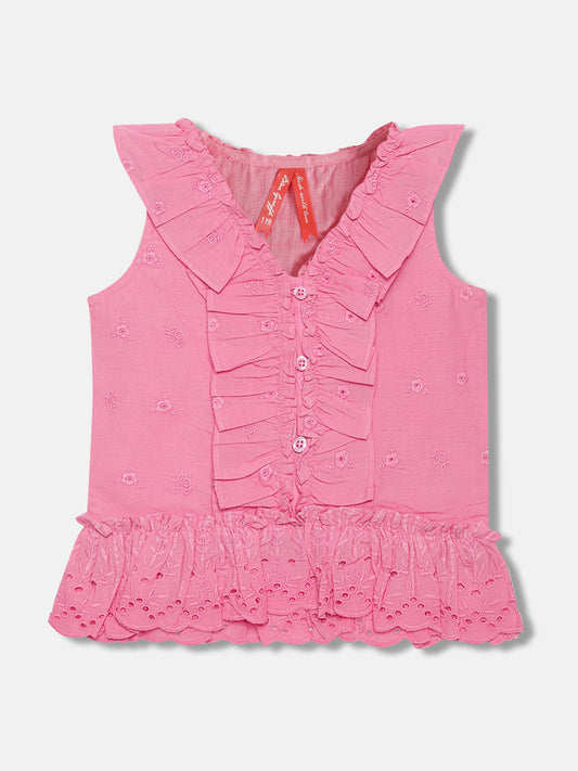 Blue Giraffe Girls Pink Embroidered V Neck Sleeveless Top