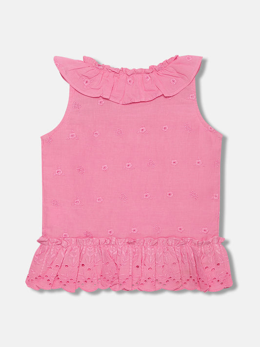 Blue Giraffe Girls Pink Embroidered V Neck Sleeveless Top