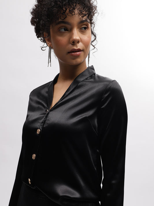 Centre Stage Women Black Solid Shawl Collar Full Sleeves Shirt